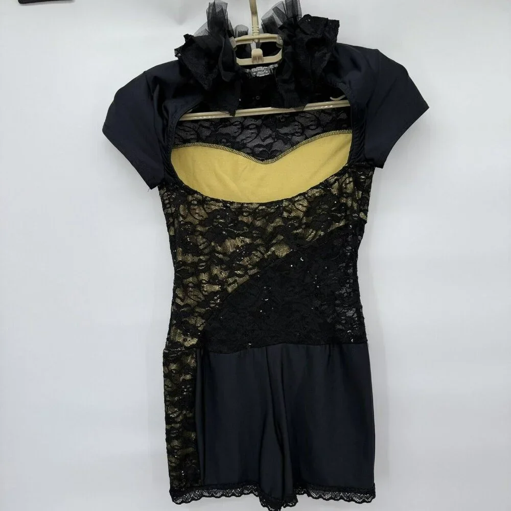 Dance‎ Costume Black Gold Sequins Jazz Child Large Open Back “Bionic”
